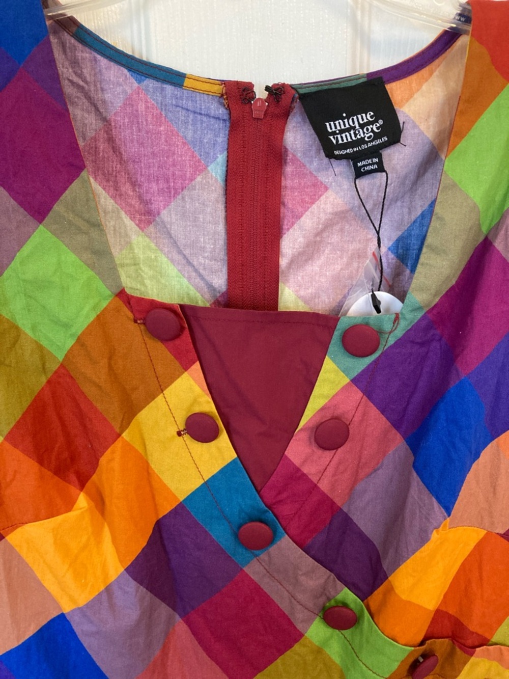 Unique Vintage Retro 50s Rainbow Plaid Fit-and-Flare Dress - Picture 8 of 12